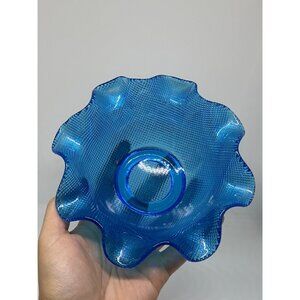VTG Colony Italy Blue Ruffled Waffle Glass Bowl | Decorative Candy Dish 5.25"